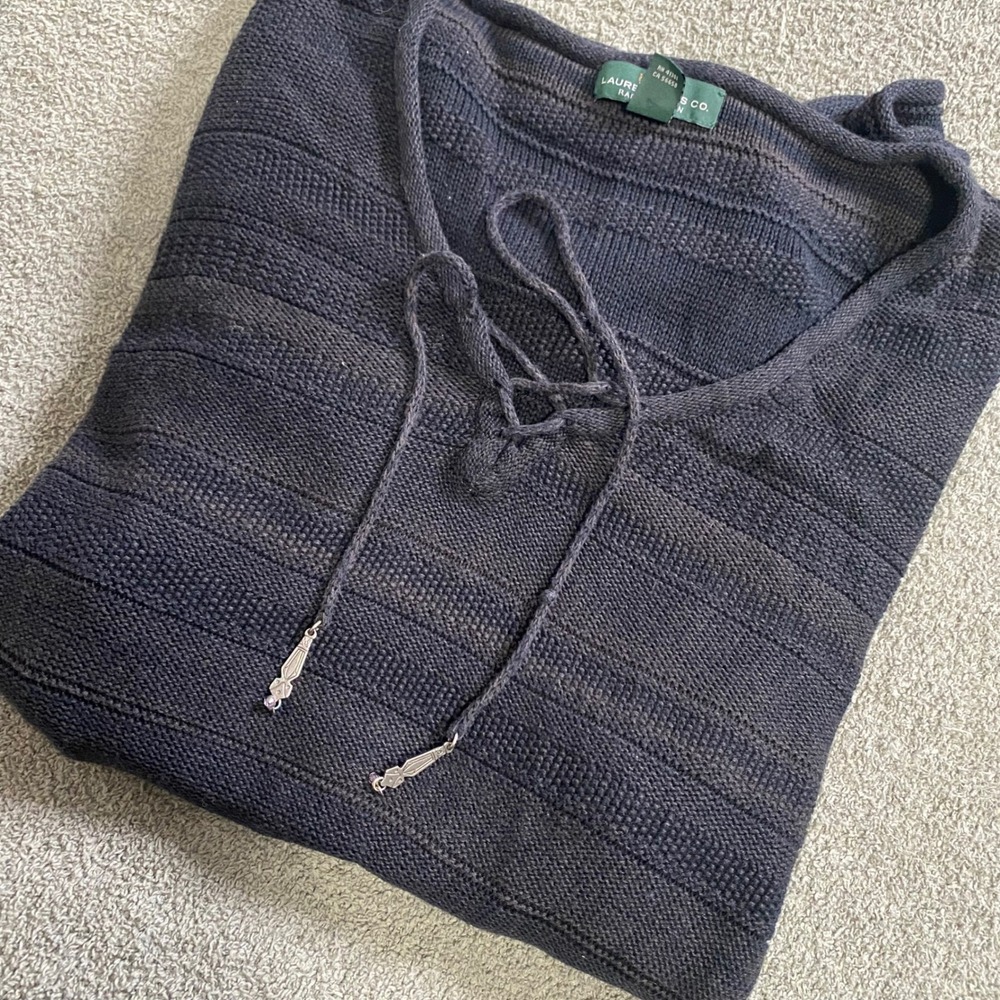 Lauren Jeans Co Ralph Lauren Sweater Women XL Navy Blue Cotton Lace Up Knit